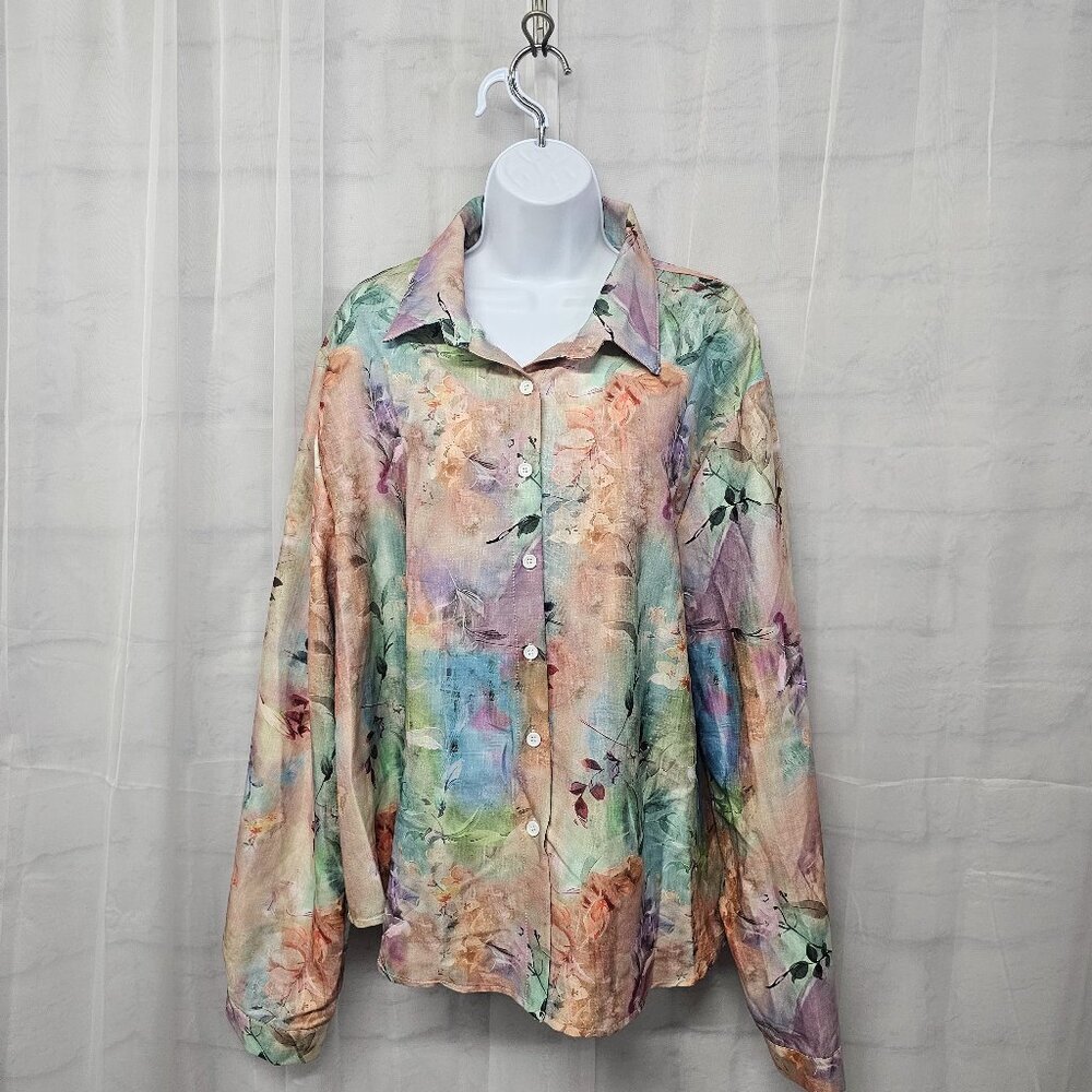 Peach Multi-Color Floral Watercolor Button Down Blouse Boho 4XL